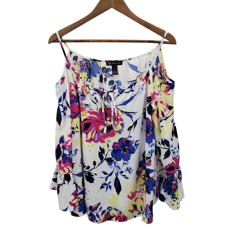 INC Cold Shoulder Floral Blouse 10 Boho Ruffle Sleeve Summer Festival Top Chic